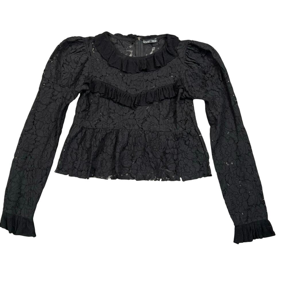 Zara Collection Black Lace Ruffle Crop Top Puff Sleeve Blouse - S